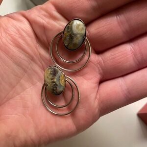 Elegant Brown Earrings with Circular Hoops and Oval Stones